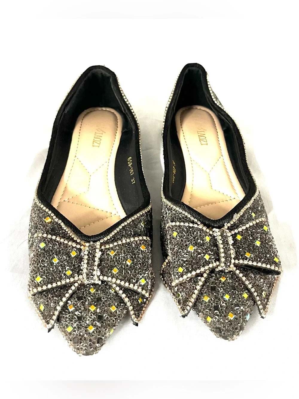 Pointed Rhinestone Glitter Bow Flats women’s shoes sz 6